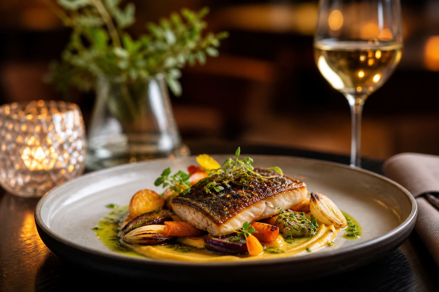 Social media marketing for restaurants: plated dish in warm dining light